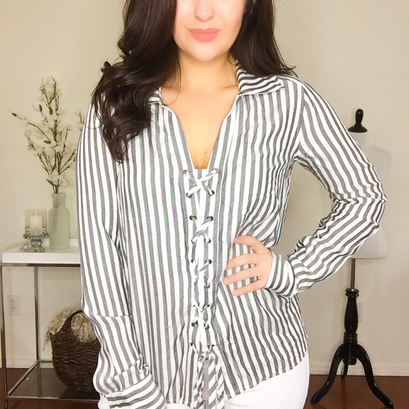 Lavender & Grace Boutique Tops - LAST ONE! White & Grey Striped Lace Up Top